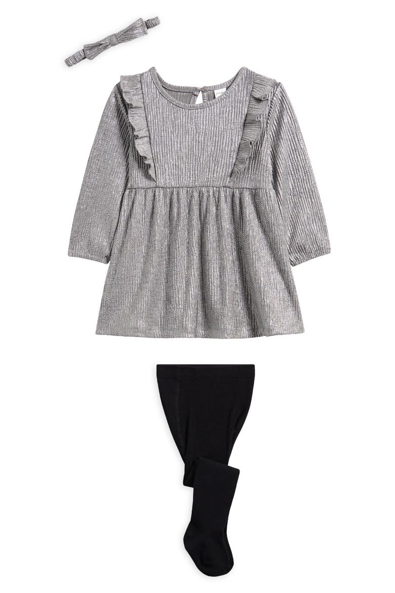 Metallic Dress, Tights & Headband Set, Main, color, SILVER