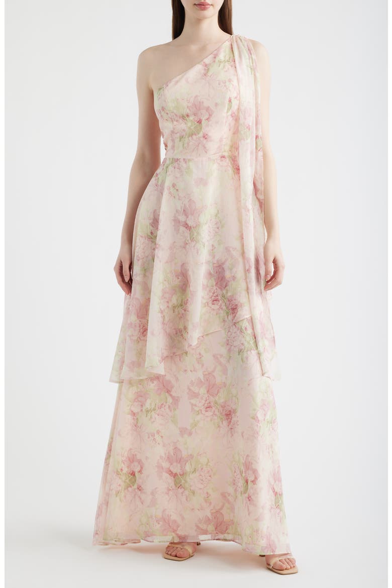 Amara Floral Print One-Shoulder Gown, Main, color, PINK MULTI