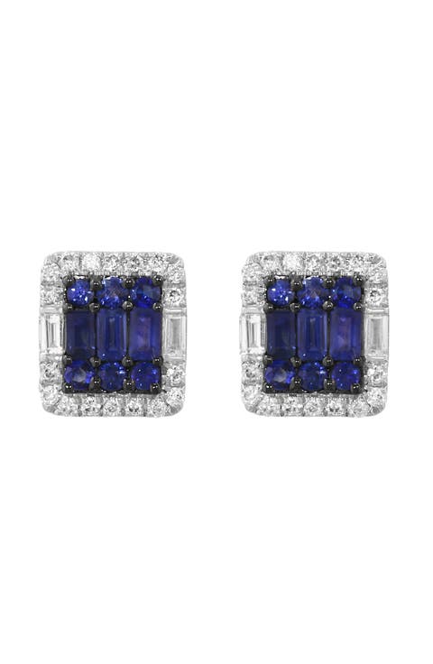 Sterling Silver Diamond Halo Sapphire Stud Earrings
