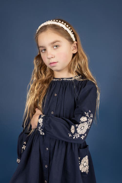 Looms Knits Looms Floral Embroidered Waisted Cotton Dress In Blue