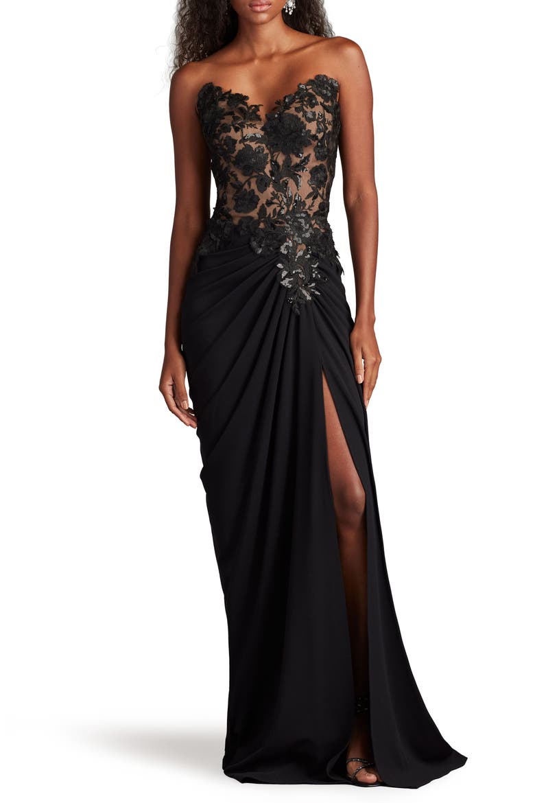 Sequin Embroidered Strapless Gown, Main, color, BLACK/ NUDE