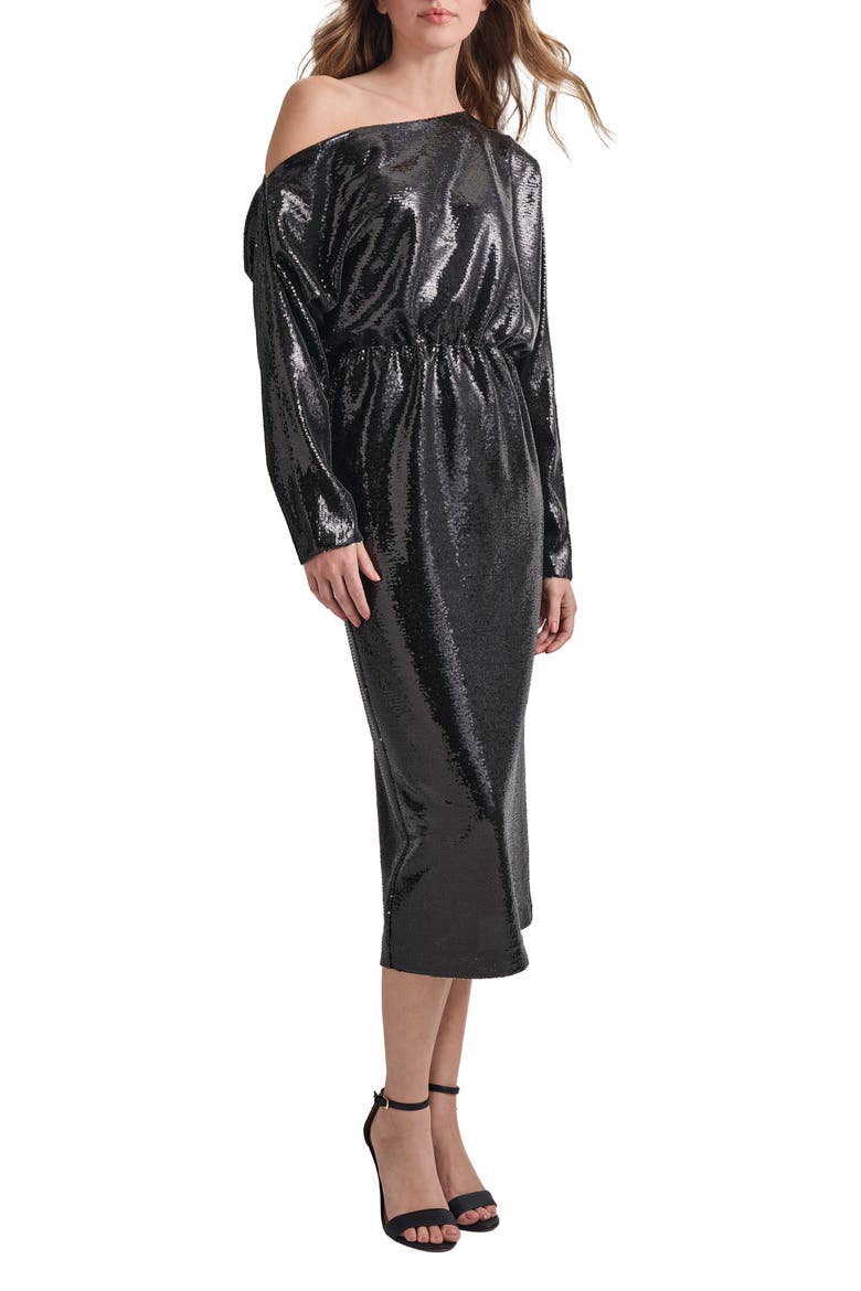 Sequin Novelty One-Shoulder Long Sleeve Dress, Main, color, BLACK