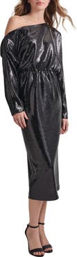 Misook Sequin Novelty One-Shoulder Long Sleeve Dress