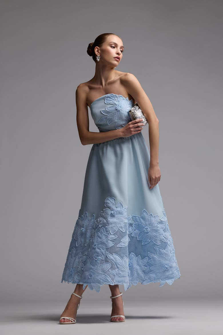 Lace Strapless A Line Midi Dress With 3D Flowers, Alternate, color, Powder Blue