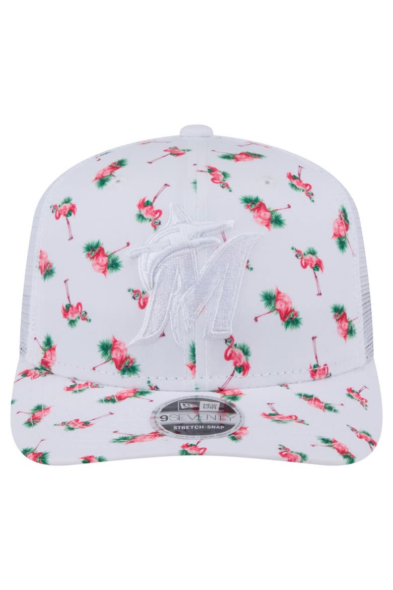 Men's New Era  White Miami Marlins Flamingo Mesh Back 9SEVENTY Stretch-Snap Hat, Alternate, color, White