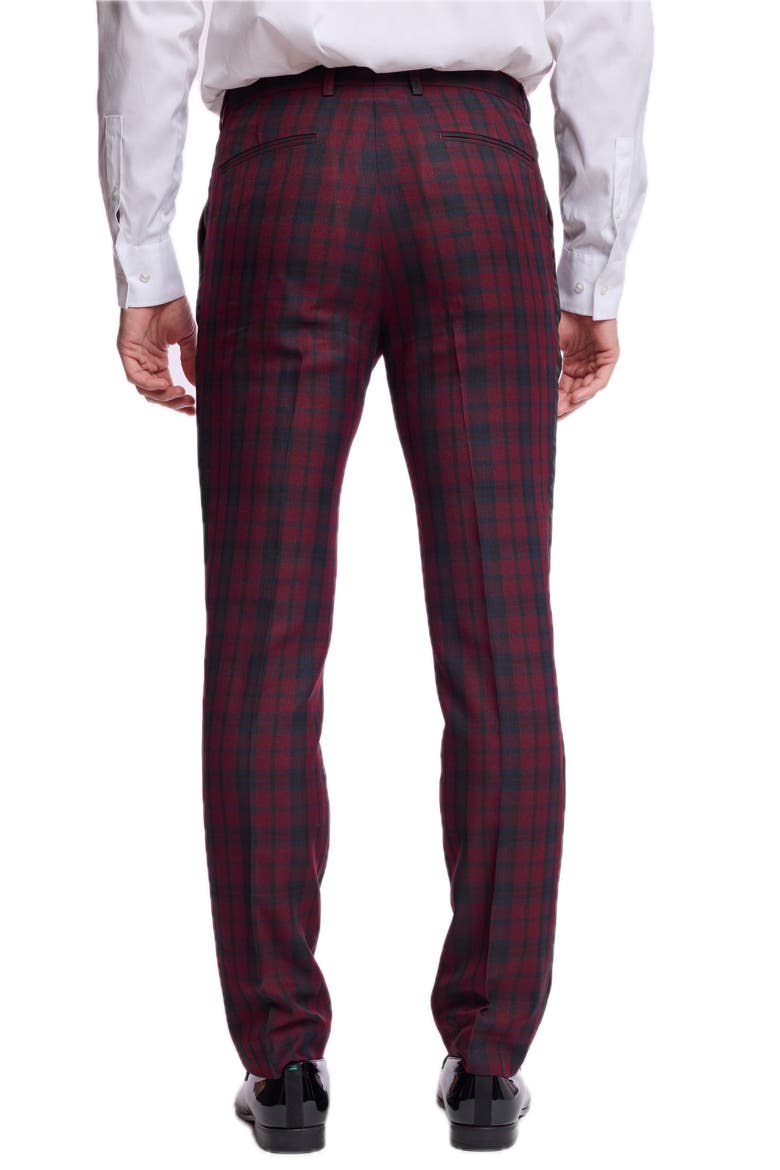 Sloane Slim Fit Plaid Tuxedo Pants, Alternate, color, BURGUNDY BLACK TARTAN