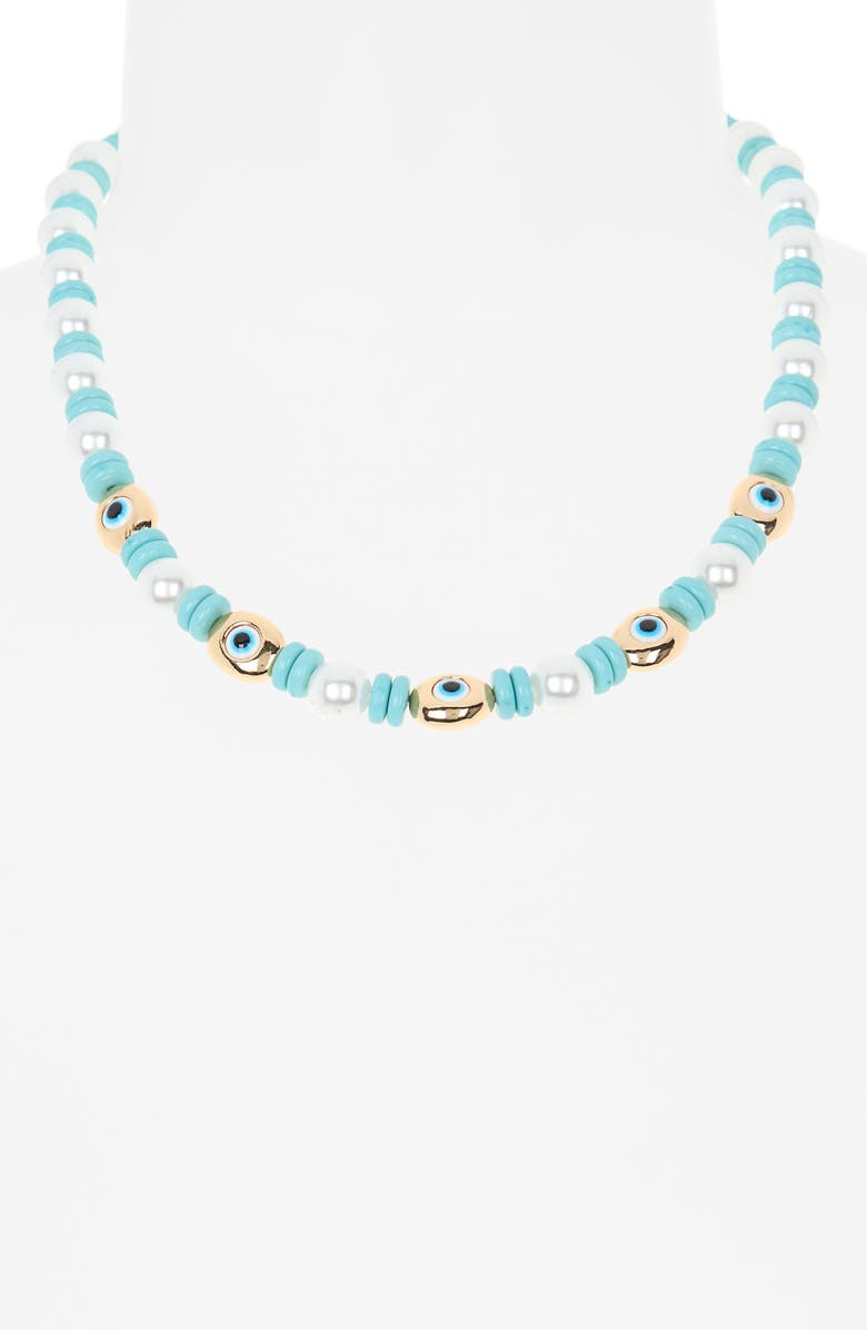 BaubleBar Lindsey Evil Eye Beaded Necklace, Alternate, color, Blue