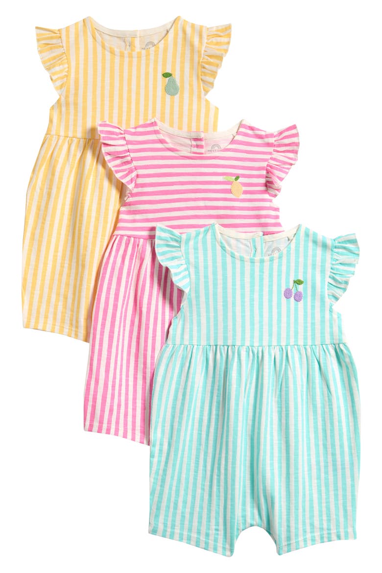 Pack of 3 Assorted Frill Cotton Rompers, Main, color, PINK MULTI