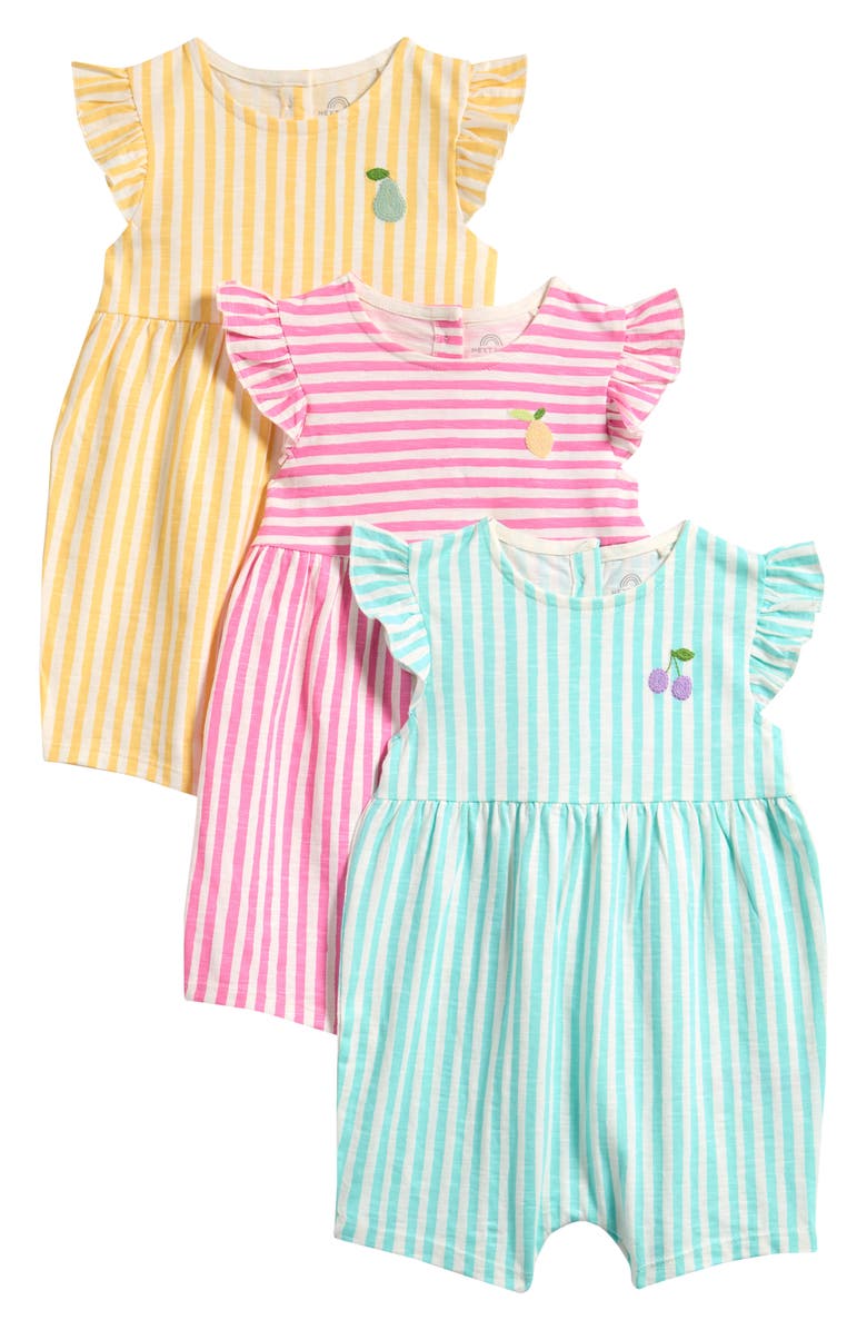 NEXT Pack of 3 Assorted Frill Cotton Rompers, Main, color, Pink Multi