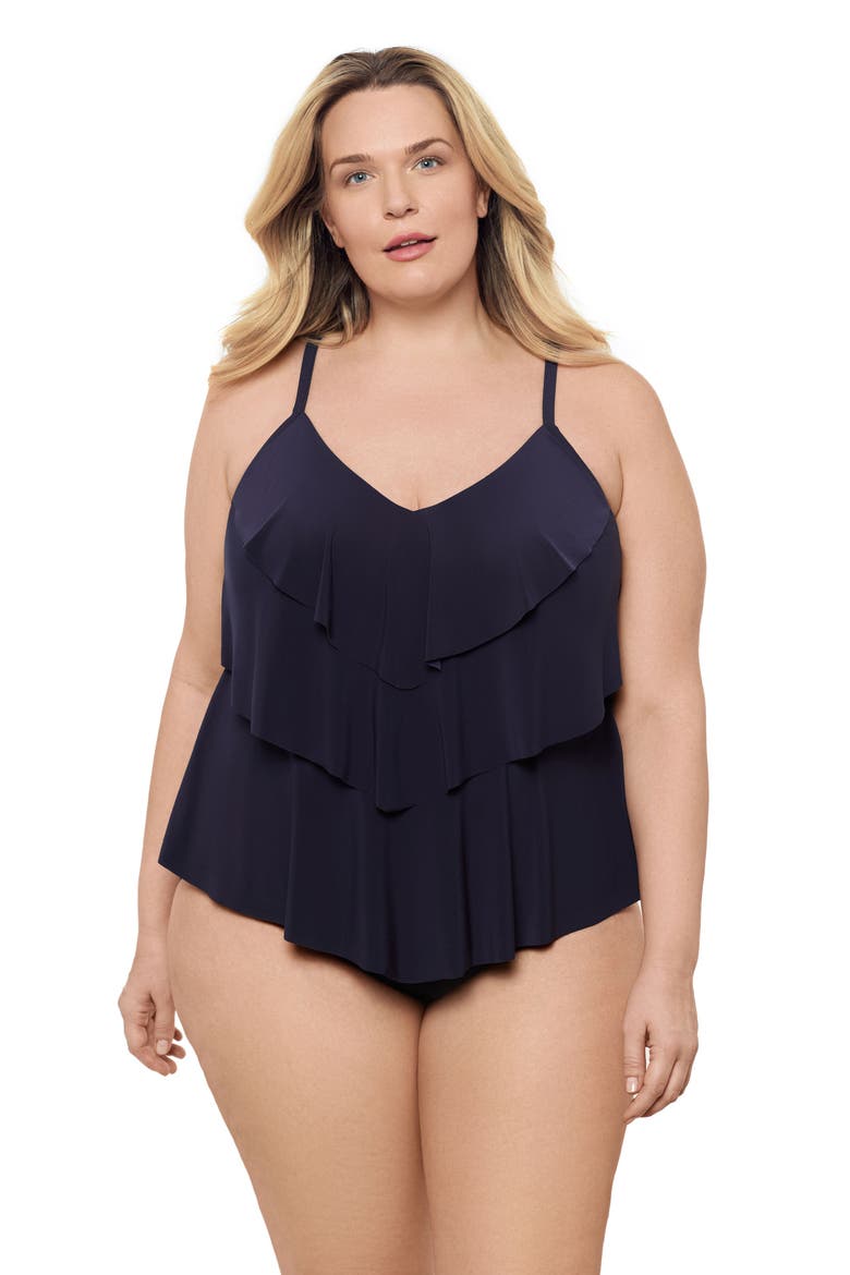 Plus Size Triple Ruffle Tier Adjustable Tankini Swimsuit Top, Main, color, True Navy