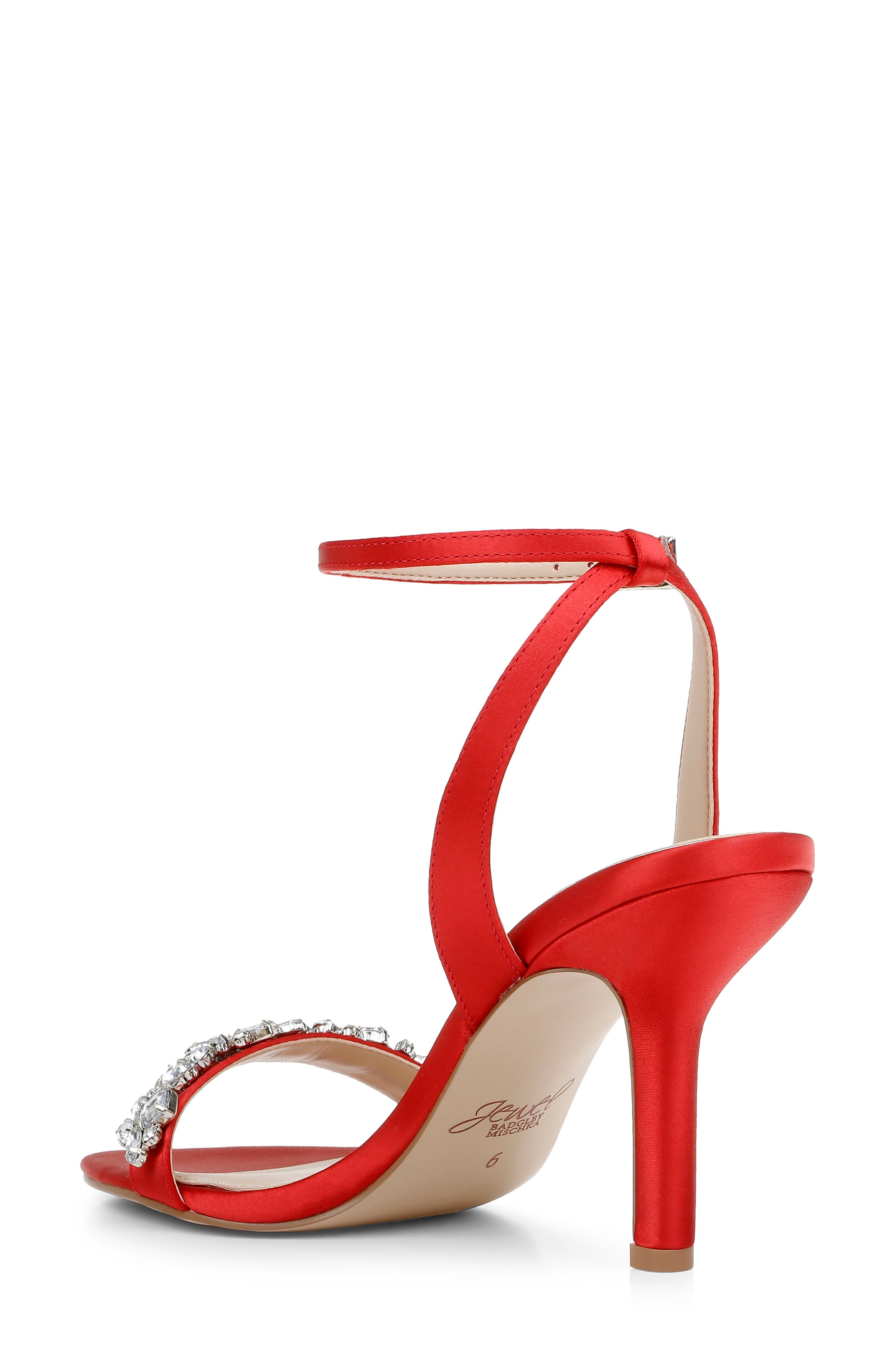 Jewel Badgley Mischka Ojai Crystal Ankle Strap Sandal, Alternate, color, Red Satin