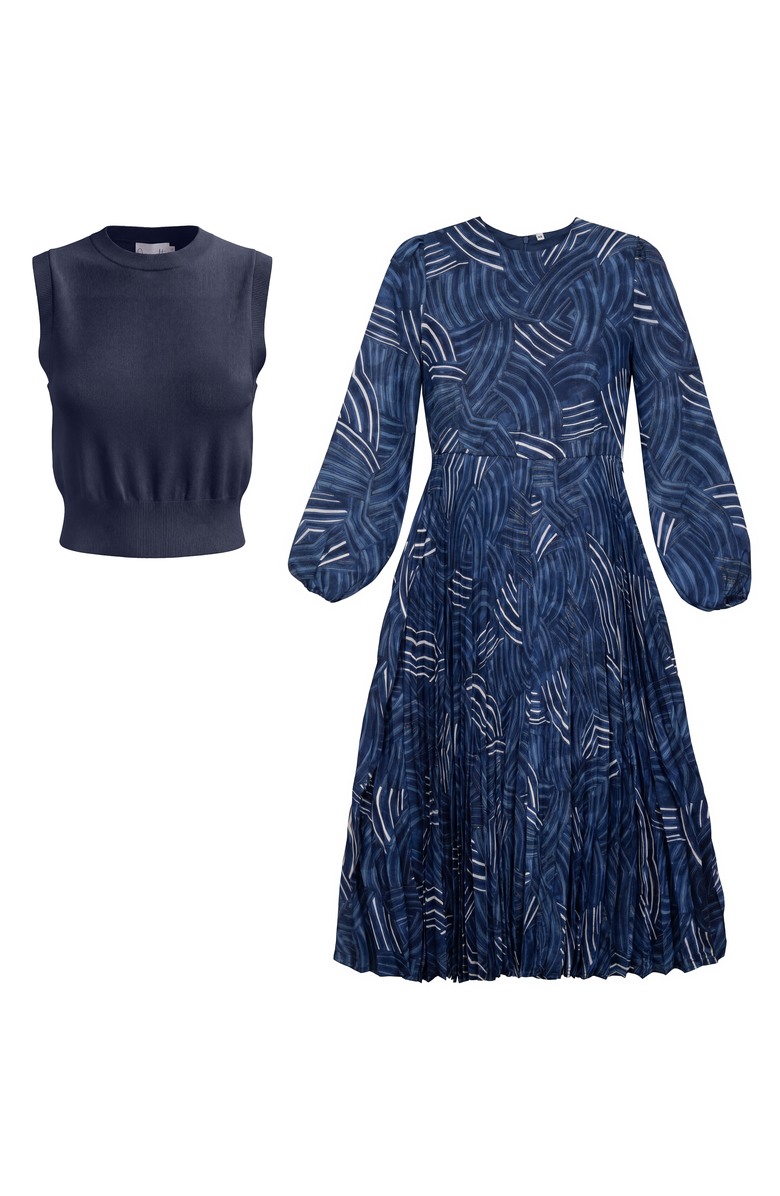 Coco de la Mour Midi Printed Pleated Chiffon Textured Knit Vest Set, Main, color, Midnight