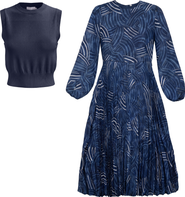 Coco de la Mour Midi Printed Pleated Chiffon Textured Knit Vest Set