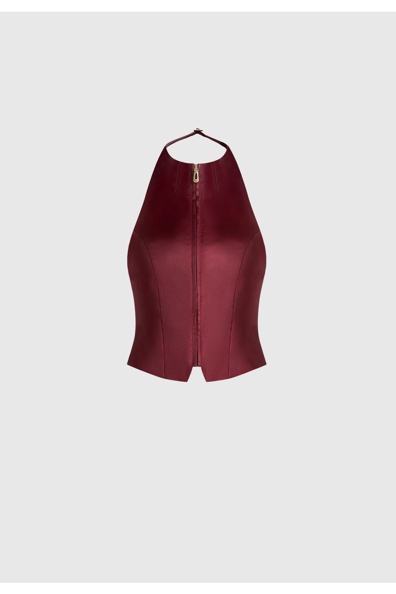 Claudette Backless Satin Halter Top, Alternate, color, Wine Red