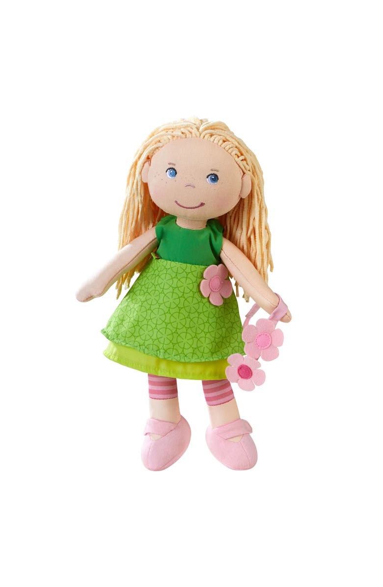 HABA 12" Soft Doll Mali with Blonde Hair and Blue Eyes, Soft Toddler Baby Dolls with Embroidered Face, Machine Washable Toddler Girl Toys for 18 mo+, Alternate, color, Green Multi
