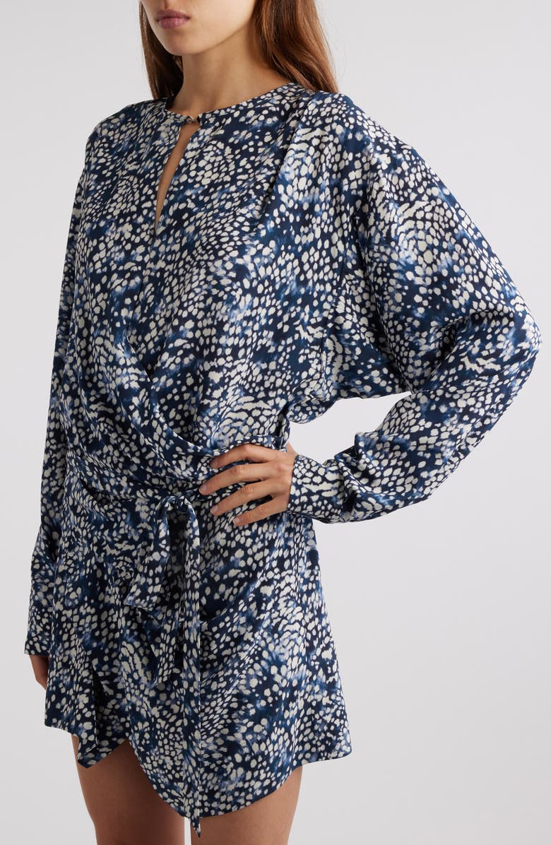 Isabel Marant Habla Floral Asymmetric Long Sleeve Stretch Silk Wrap Dress, Alternate, color, Midnight/ White