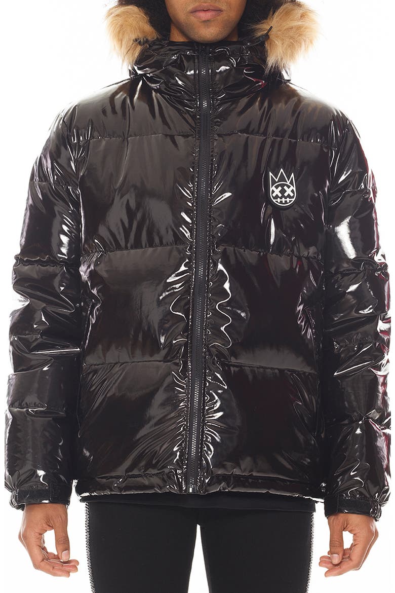 Down Puffer Jacket with Faux Fur Trim, Main, color, BLACK