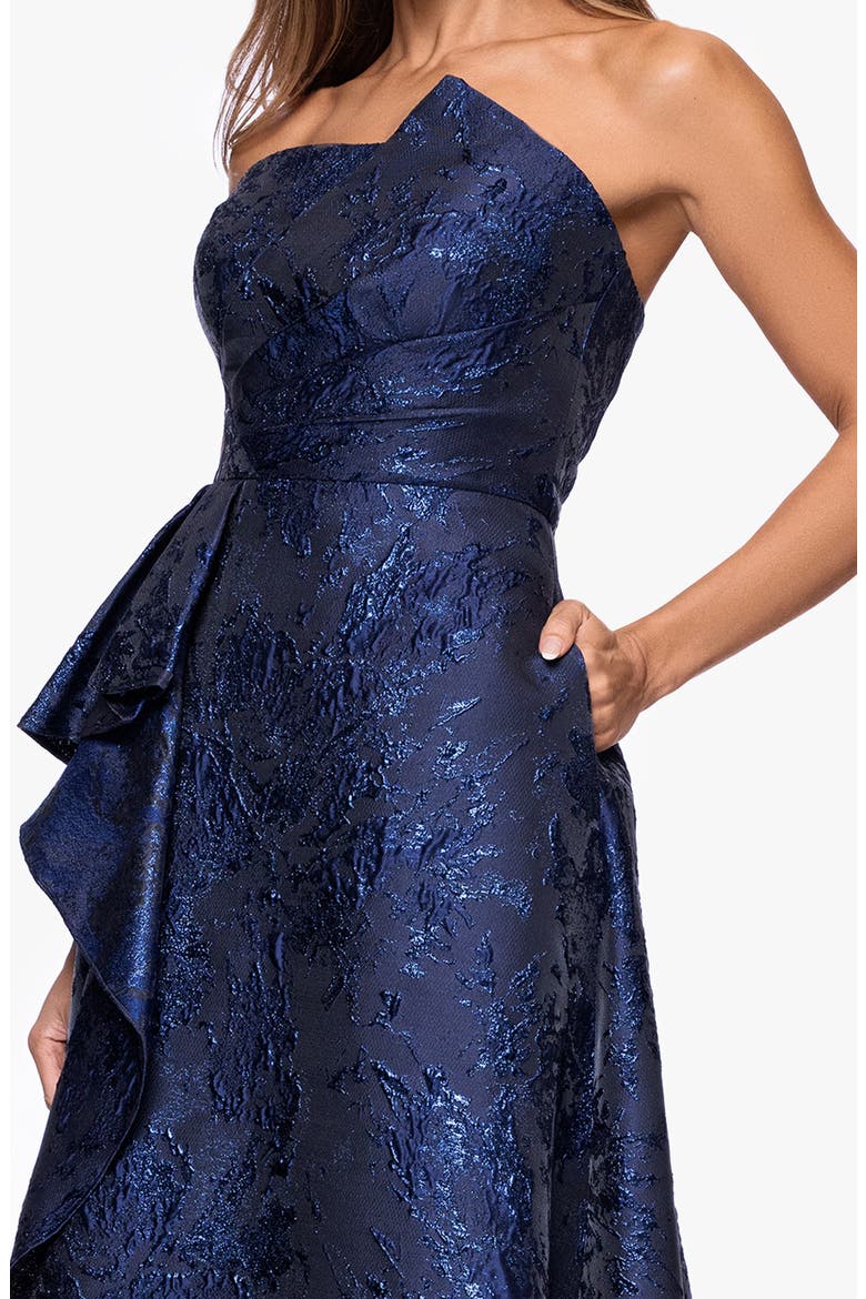 Metallic Brocade Asymmetric Strapless Gown, Alternate, color, NAVY