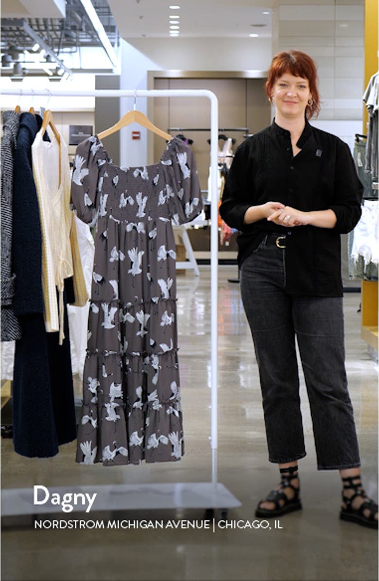 Crane Print Smocked Dress, sales video thumbnail