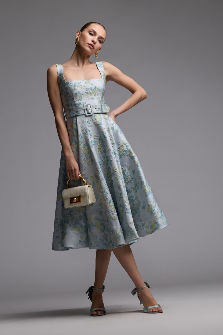Sleeveless Belted A-Line Midi Dress, Alternate, color, Blue Multi