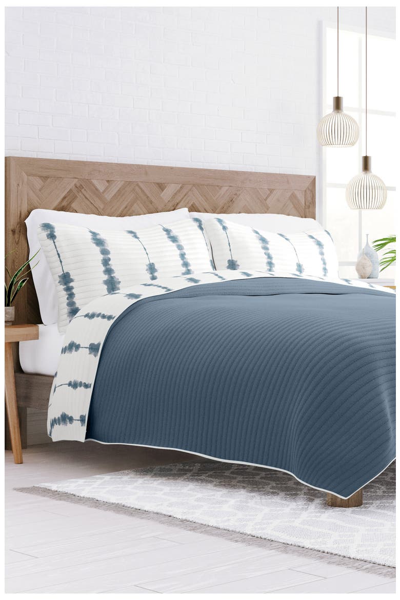 All Season Shibori 3-Piece Down Alternative Reversible Quilt Set, Alternate, color, NAVY