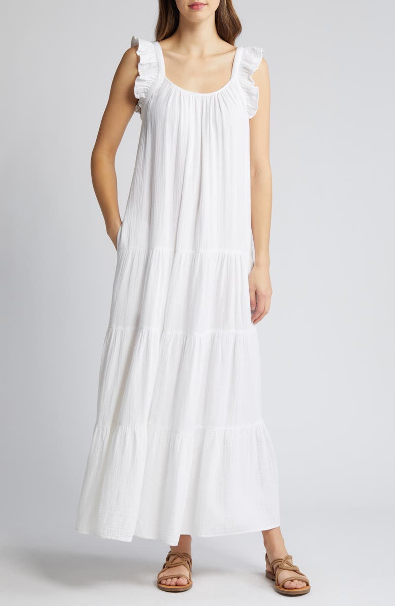 Caslon<sup>®</sup> Ruffle Tiered Cotton Maxi Sundress, Main, color, White