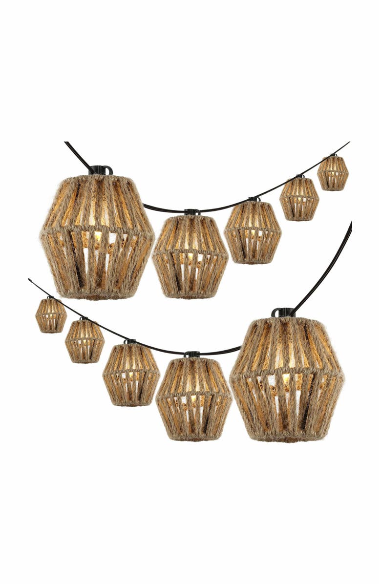 JONATHAN Y Samara 10-Light Indoor/Outdoor Mid-Century Classic Incandescent C7 Lantern Hemp Rope Shaded String Lights, Main, color, Brown
