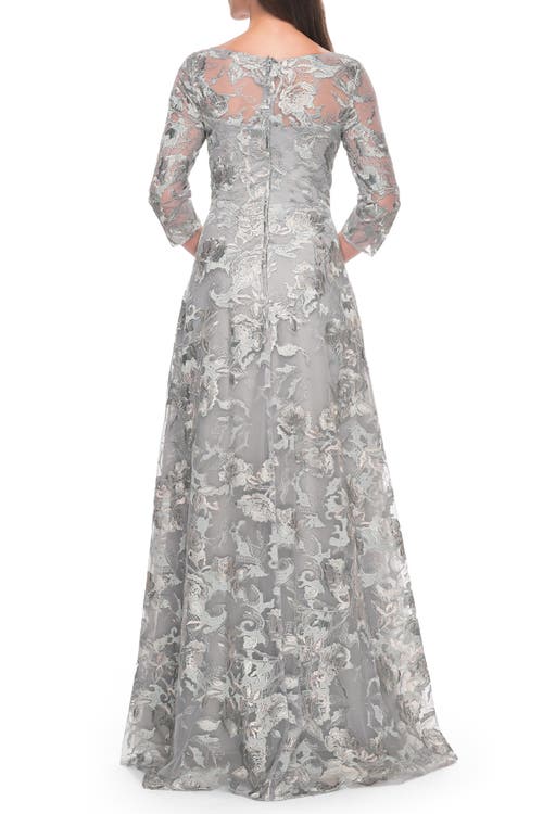 La Femme Unique Silver Lace Mother Of The Bride Gown With Sleeves In Silver/slate