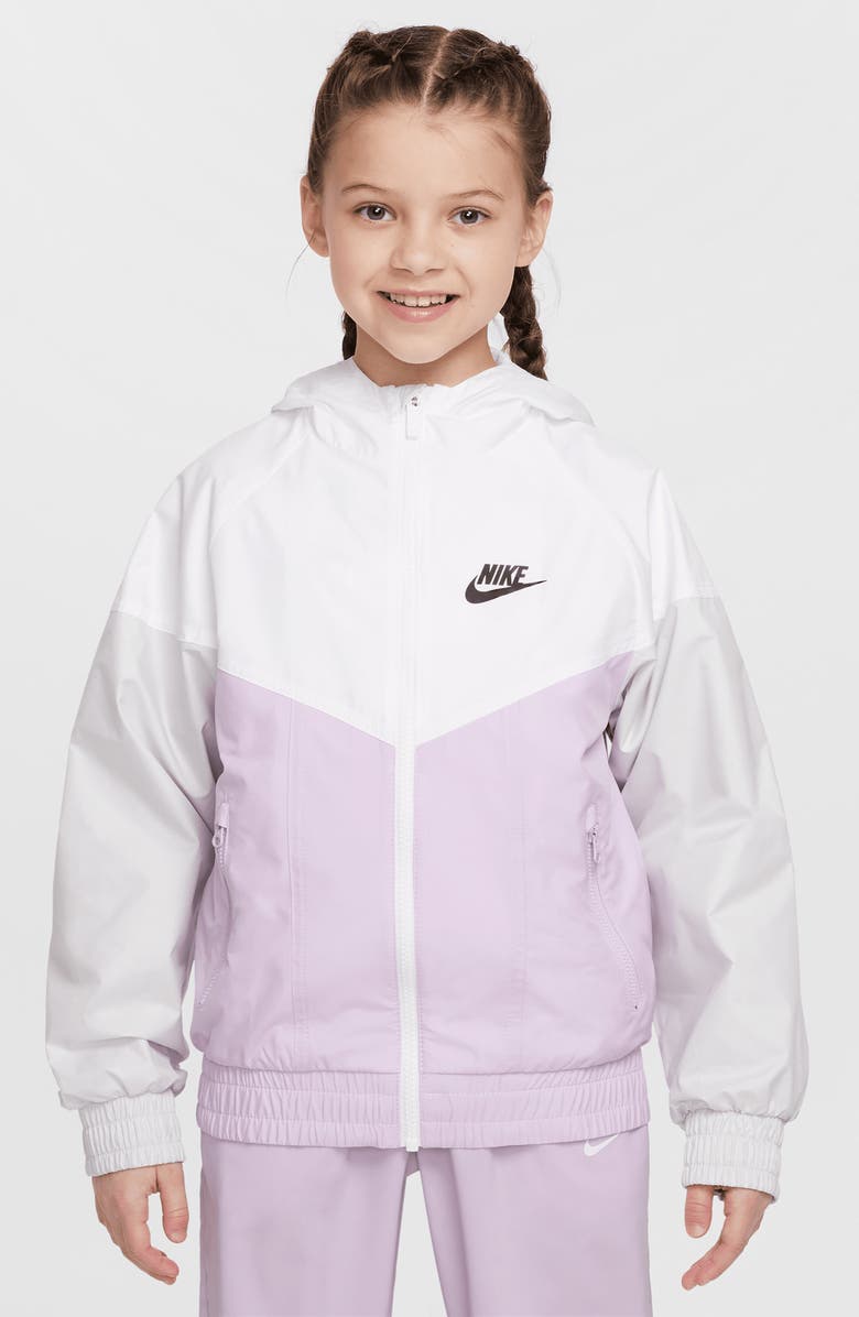 Nike Kids' Windrunner Hooded Water Repellent Jacket, Main, color, White/ Doll/ Photon/ Black