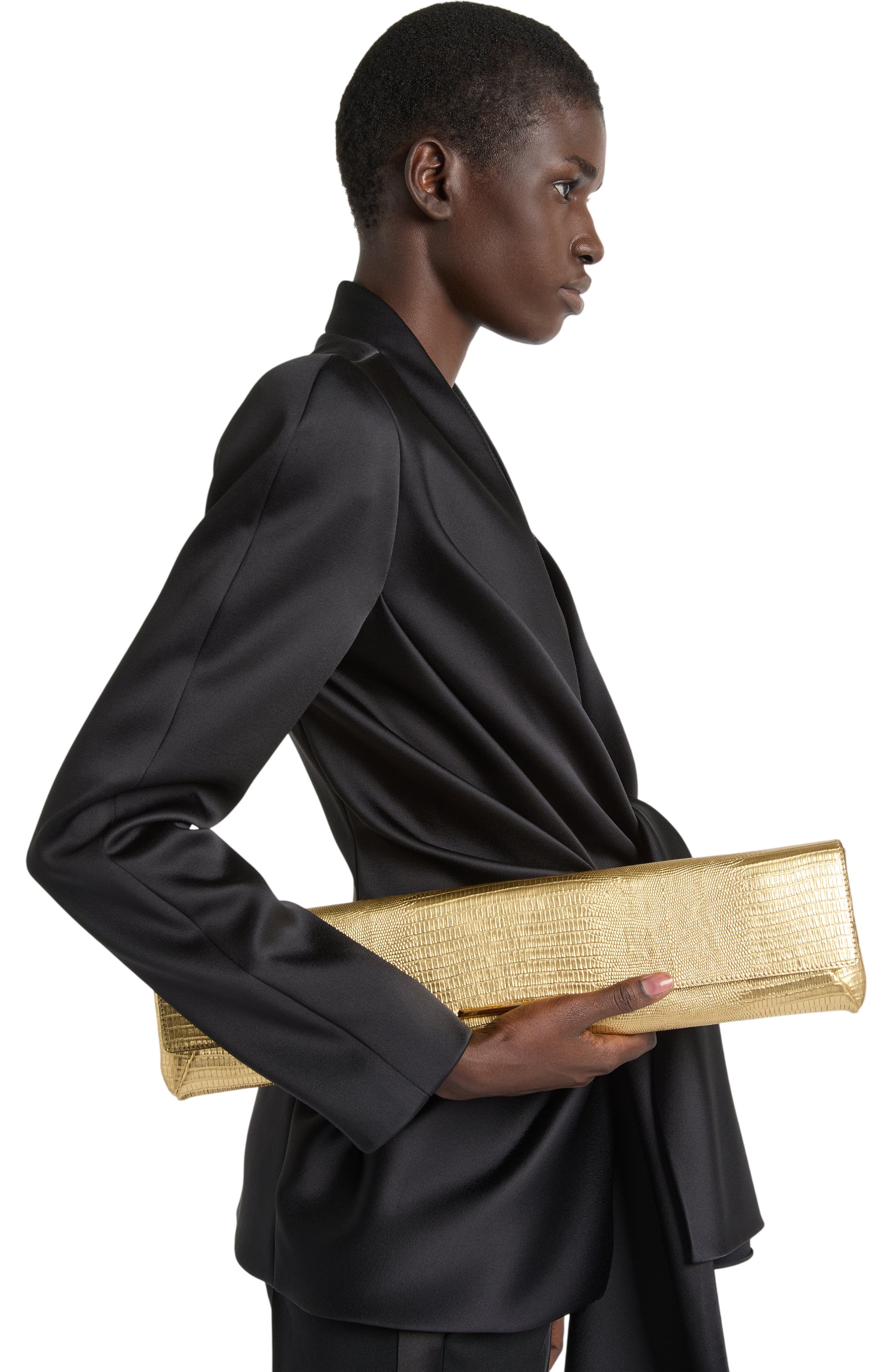 Long Clutch Bag in Metallic Textured Leather, Alternate, color, Gold
