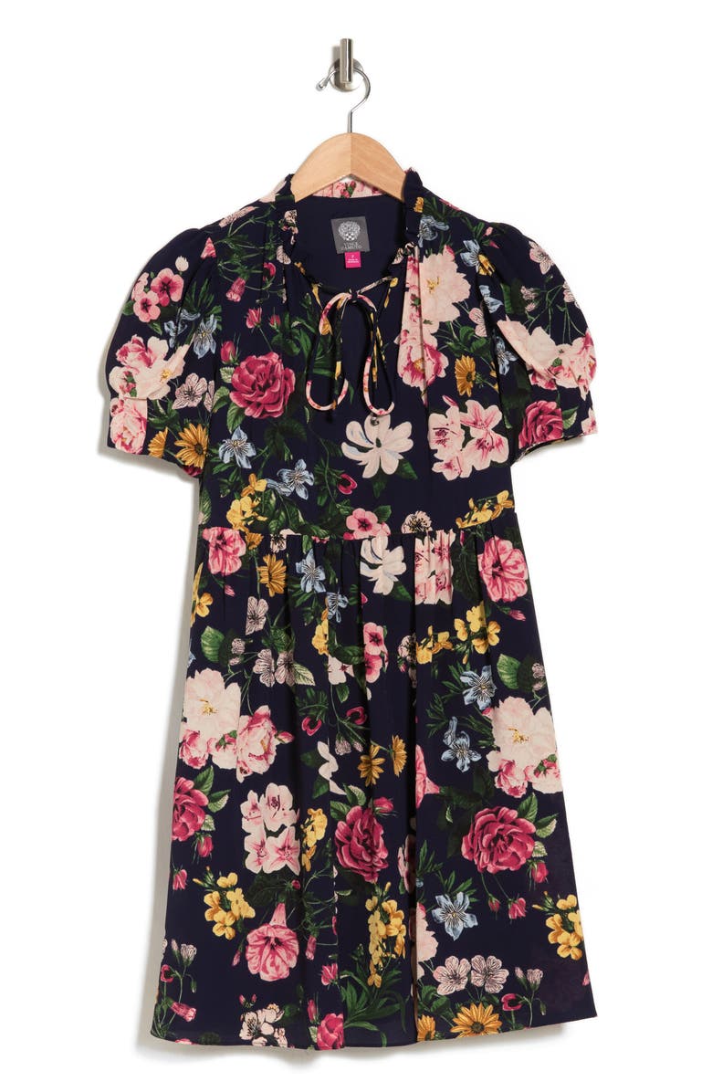 Vince Camuto Printed Pebble Crepe High Neck Ruffle Dress, Alternate, color,