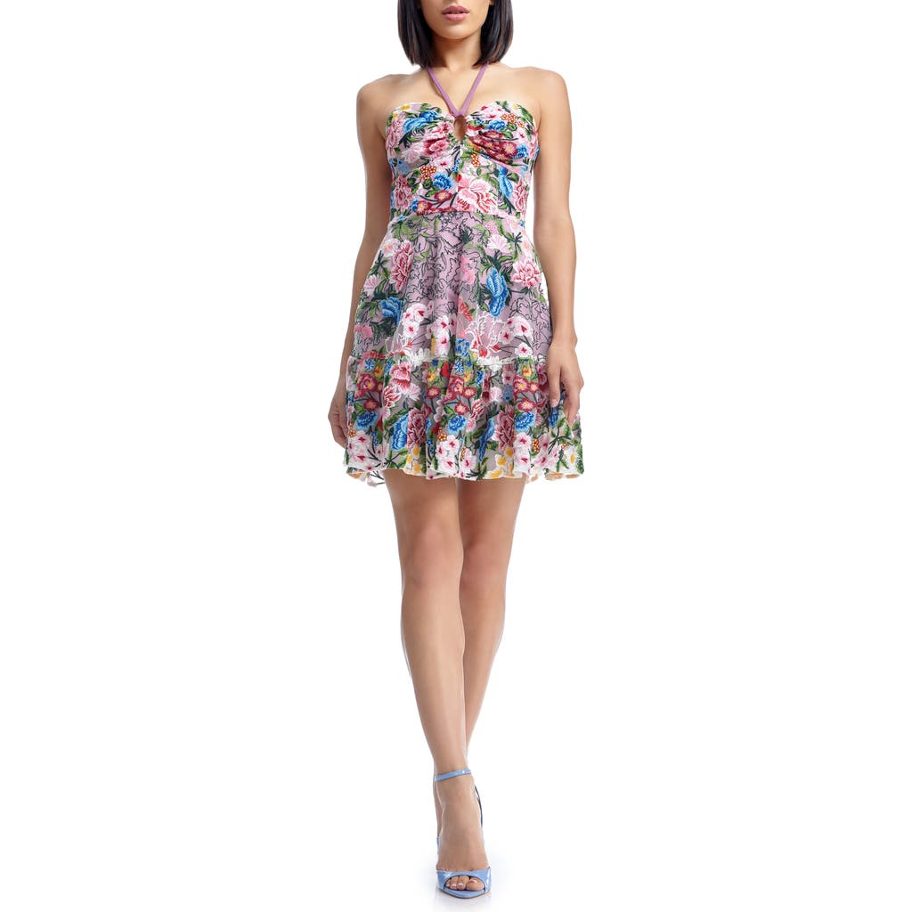 DRESS THE POPULATION DRESS THE POPULATION TRIXIE FLORAL EMBROIDERED FIT & FLARE MINIDRESS