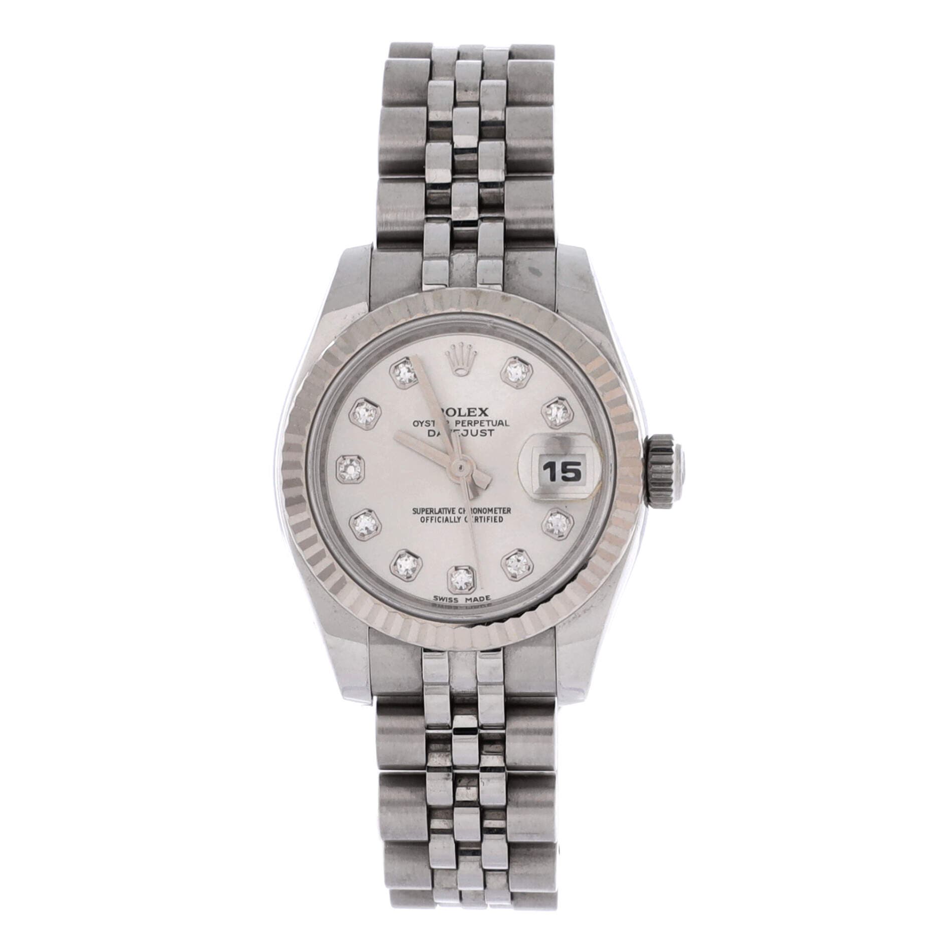 Oyster Perpetual Datejust Automatic Watch Stainless Steel and White Gold with Diamond Markers 26, Main, color, Metallic Silver