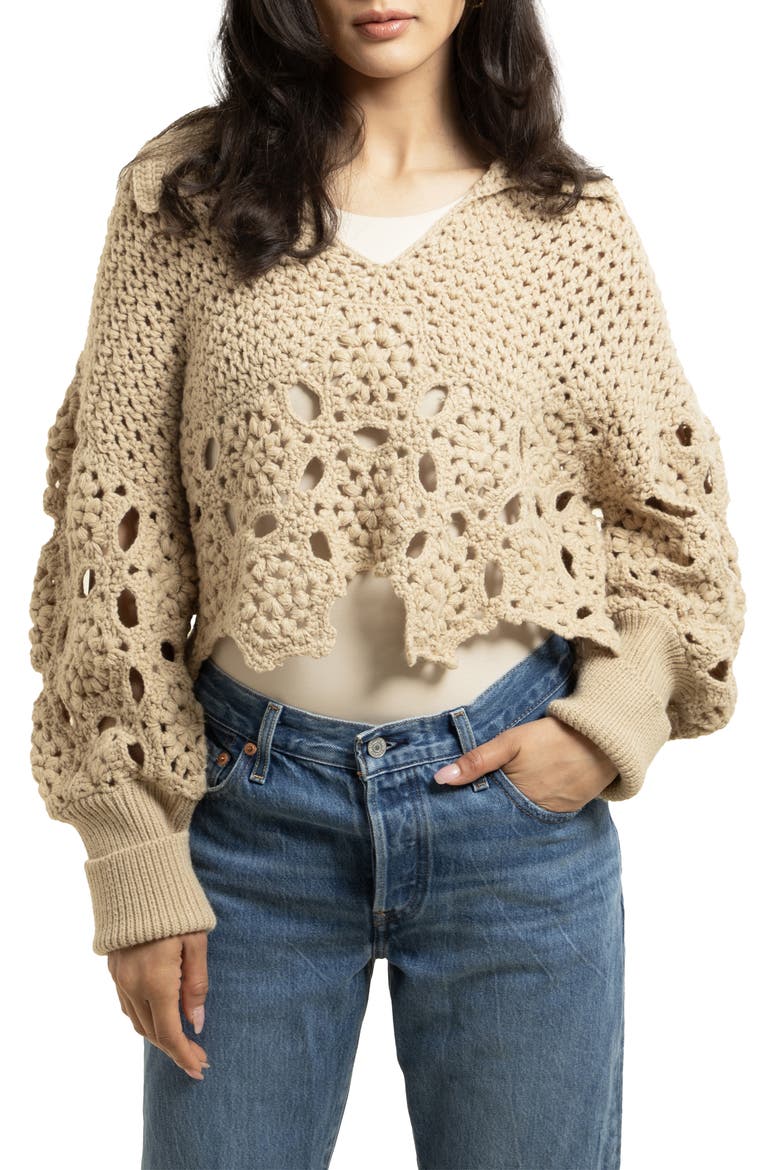 Chunky Crochet Cardigan Sweater, Main, color, BEIGE