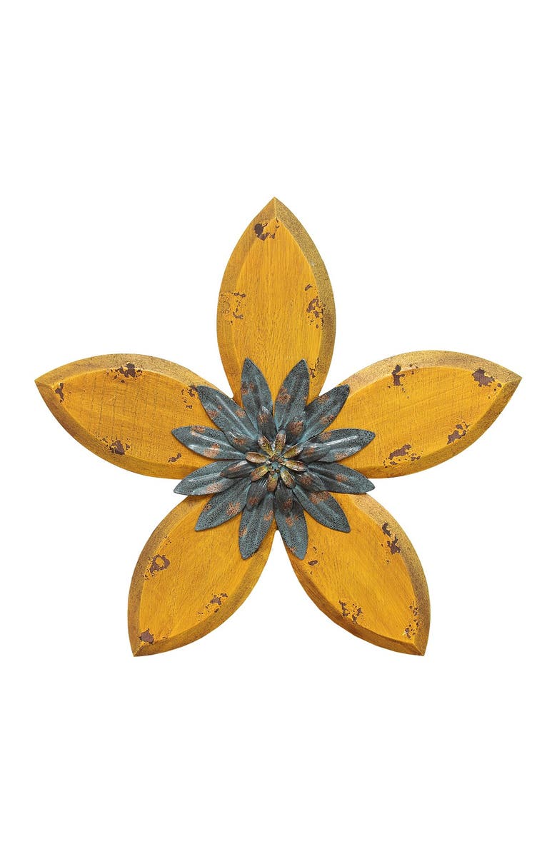 STRATTON HOME DECOR Yellow/Teal Antique Flower Wall Decor, Main, color, 