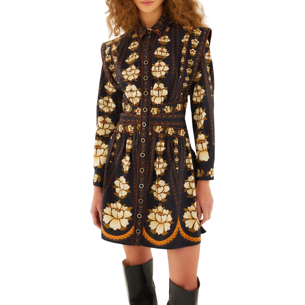 Farm Rio Black Embroidered Flowers Long Sleeve Organic Cotton Mini Dress In Blue
