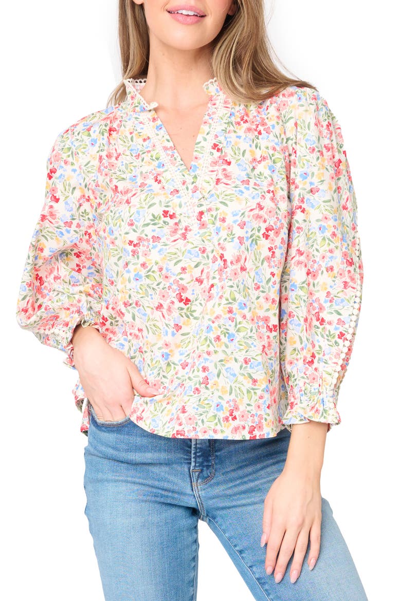 Aria Floral Lantern Sleeve Poplin Top, Main, color, WILD BOUQUET