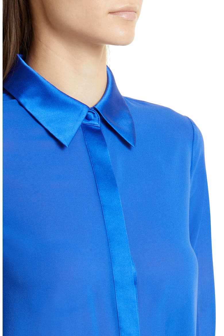 Willa Mixed Media Stretch Silk Button-Up Blouse, Alternate, color, ROYALTY