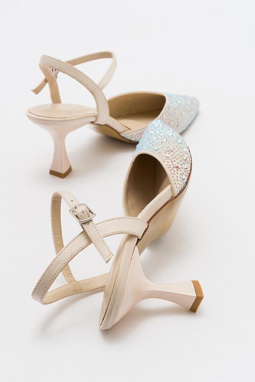 Forever & Always Shoes Vilka Embellished Slingback Kitten Heel Pumps In Beige Faux Leather
