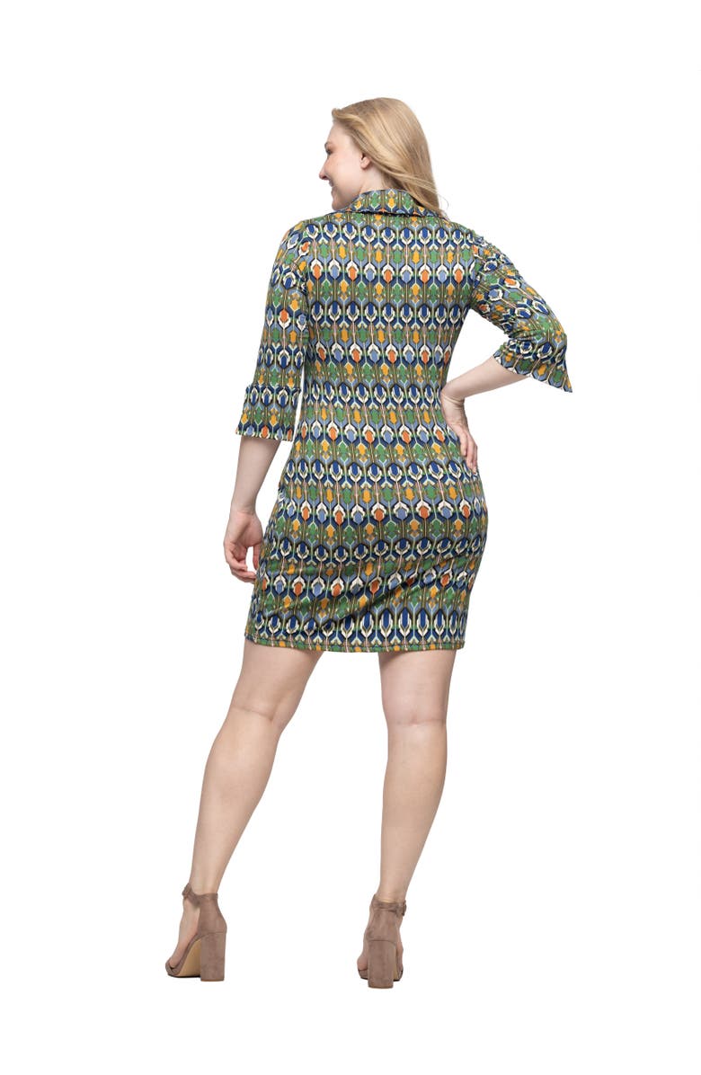 24seven Comfort Apparel Geometric Print Three Quarter Sleeve Mini Dress, Alternate, color, Green Multi