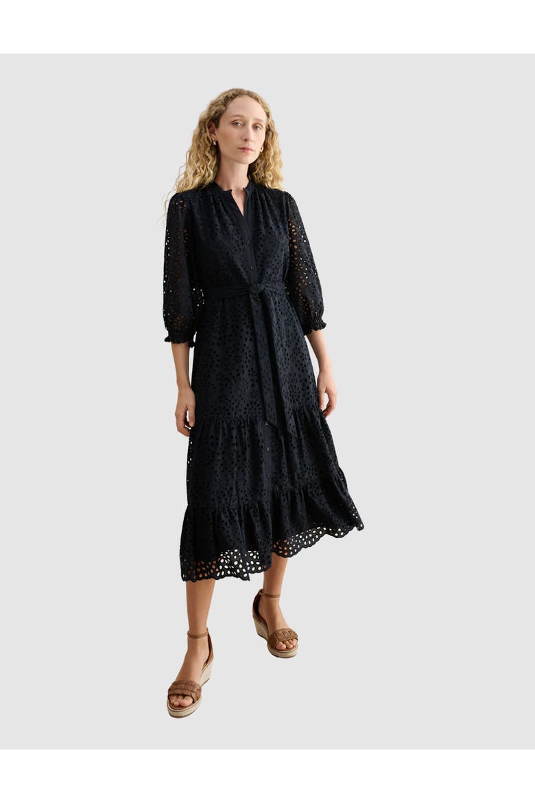 Cianna Tiered Broderie Midi Dress, Main, color, Navy