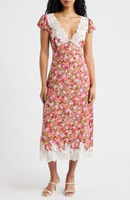 KITTENISH Eyelash Lace Trim Puff Sleeve Maxi Dress
