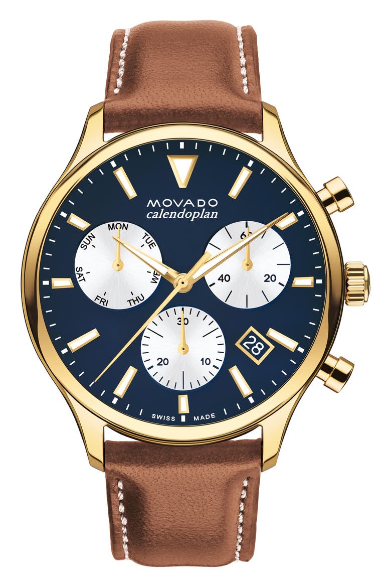 Heritage Chronograph Leather Strap Watch, 43mm, Main, color, BLUE