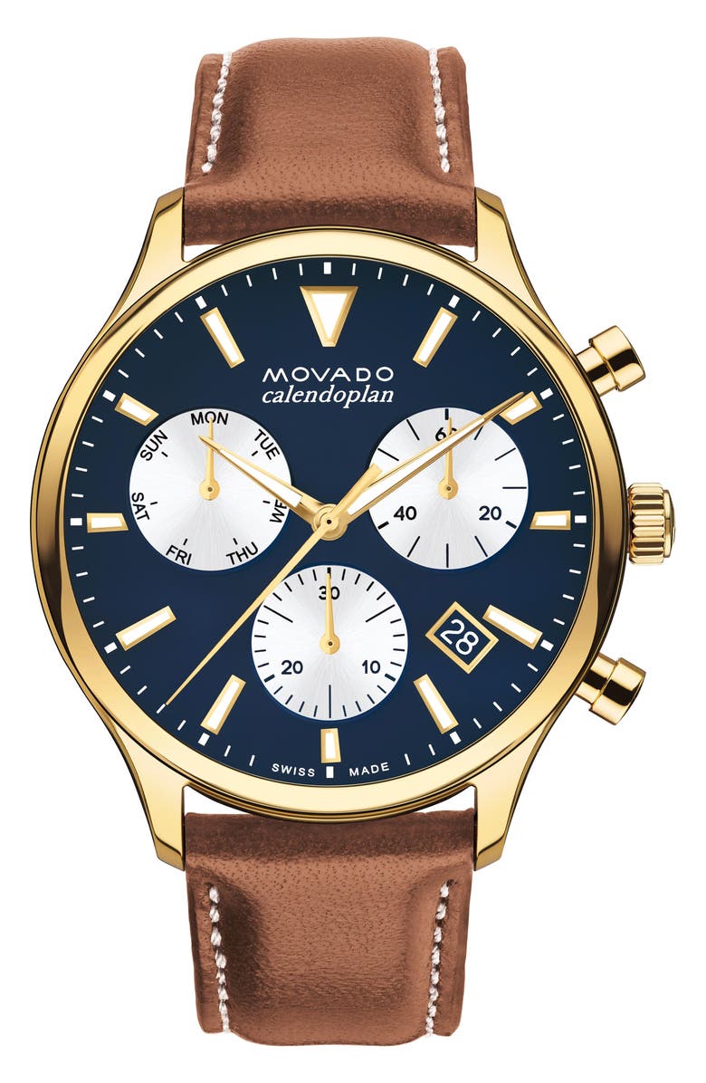 Movado Heritage Chronograph Leather Strap Watch, 43mm, Main, color, Blue