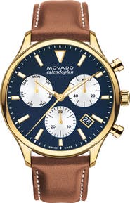 Movado Heritage Chronograph Leather Strap Watch, 43mm