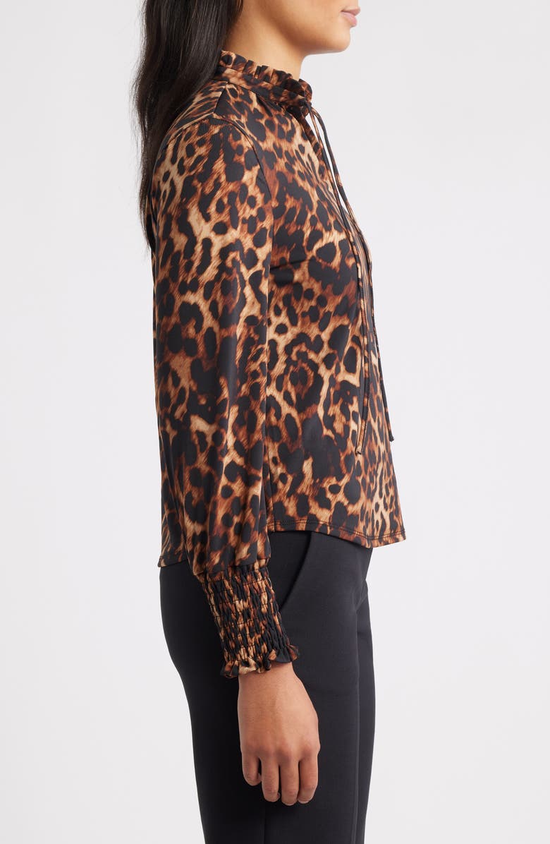 Anne Klein Leopard Print Split Neck Smocked Cuff Top, Alternate, color, 
