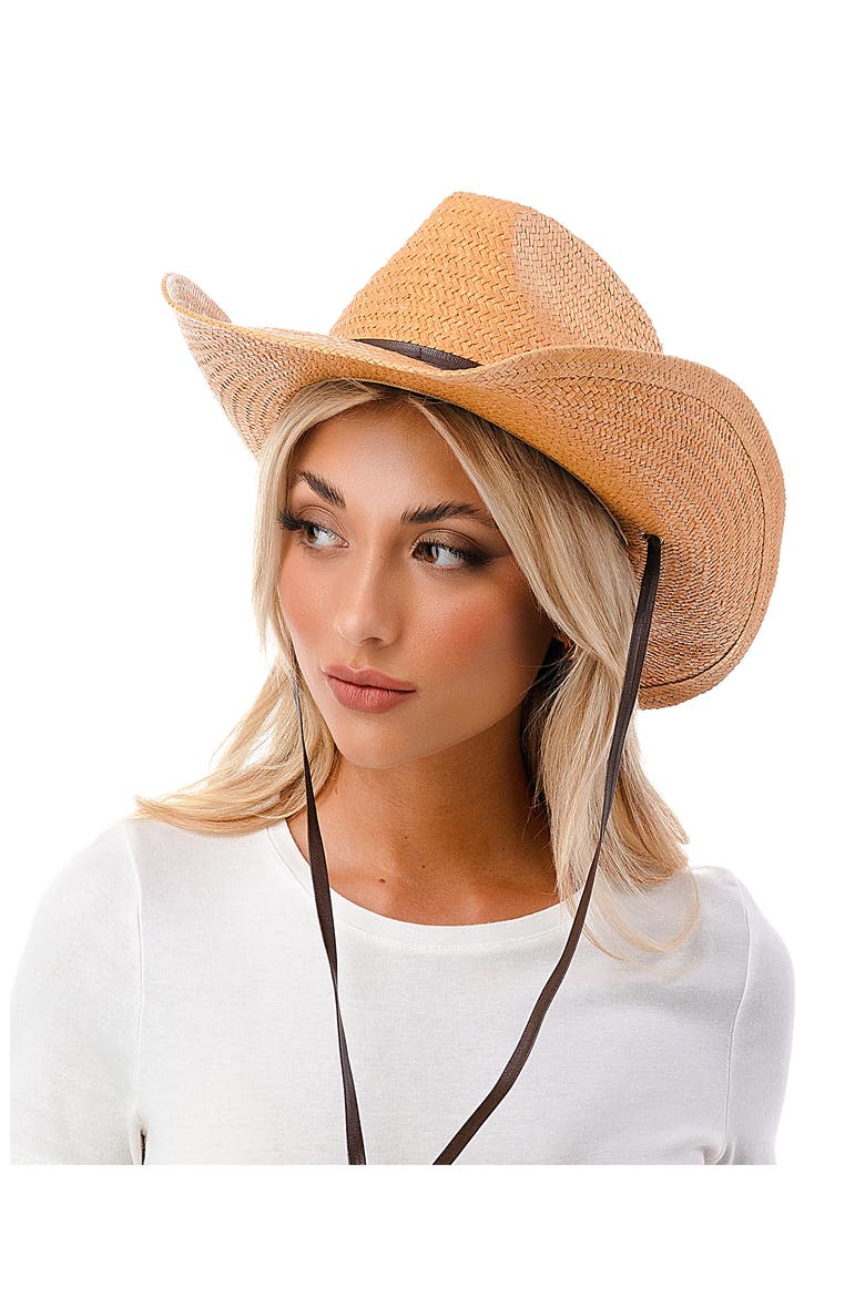 Straw & Vegan Leather Cowboy Hat, Alternate, color, BROWN