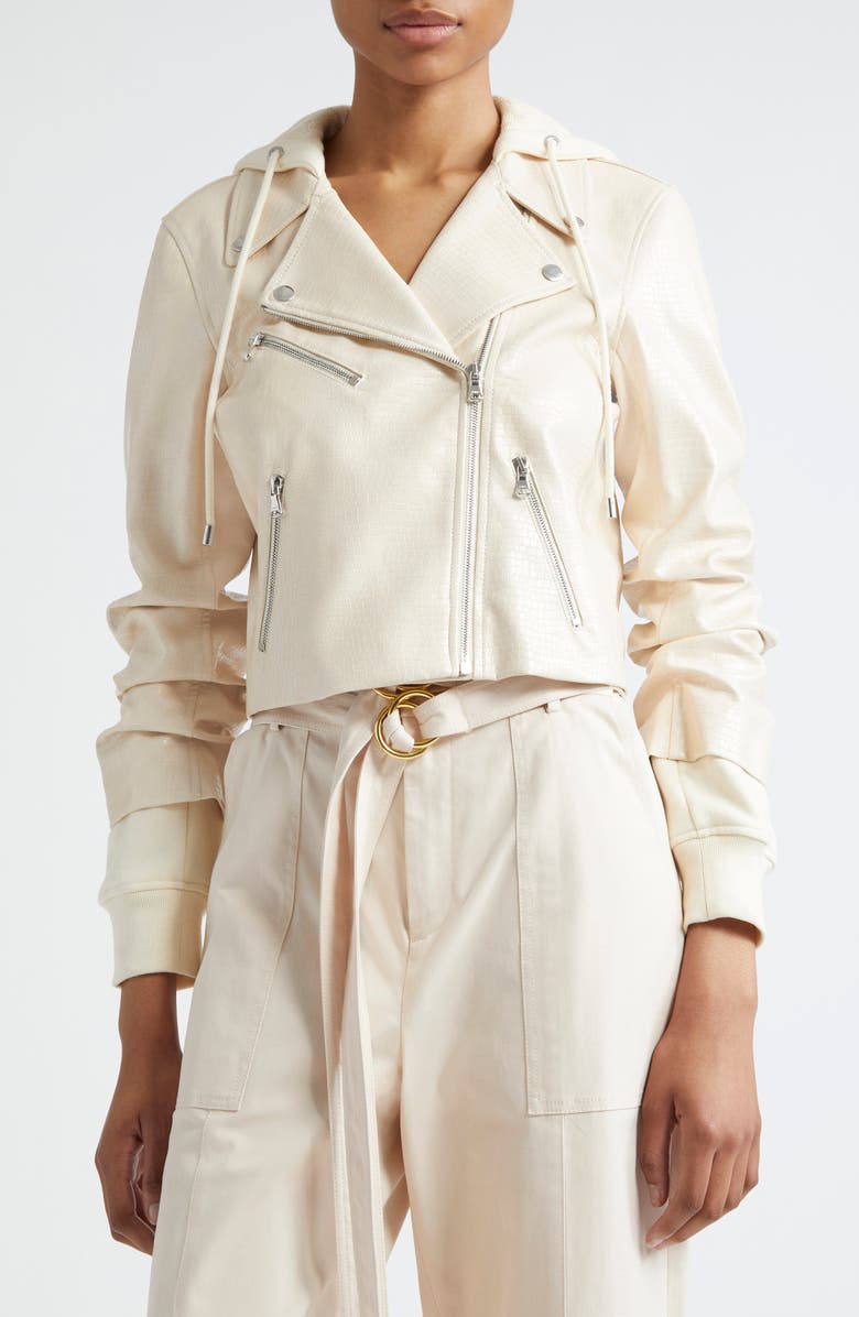 Cinq à Sept Evie Snakeprint Embossed Mixed Media Faux Leather Moto Jacket, Main, color, 