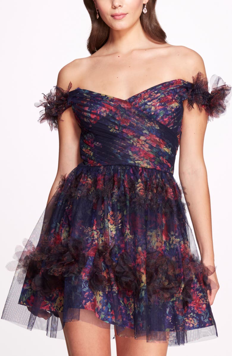 Marchesa Notte Watercolor Floral Appliqué Chiffon Cocktail Dress, Alternate, color, 