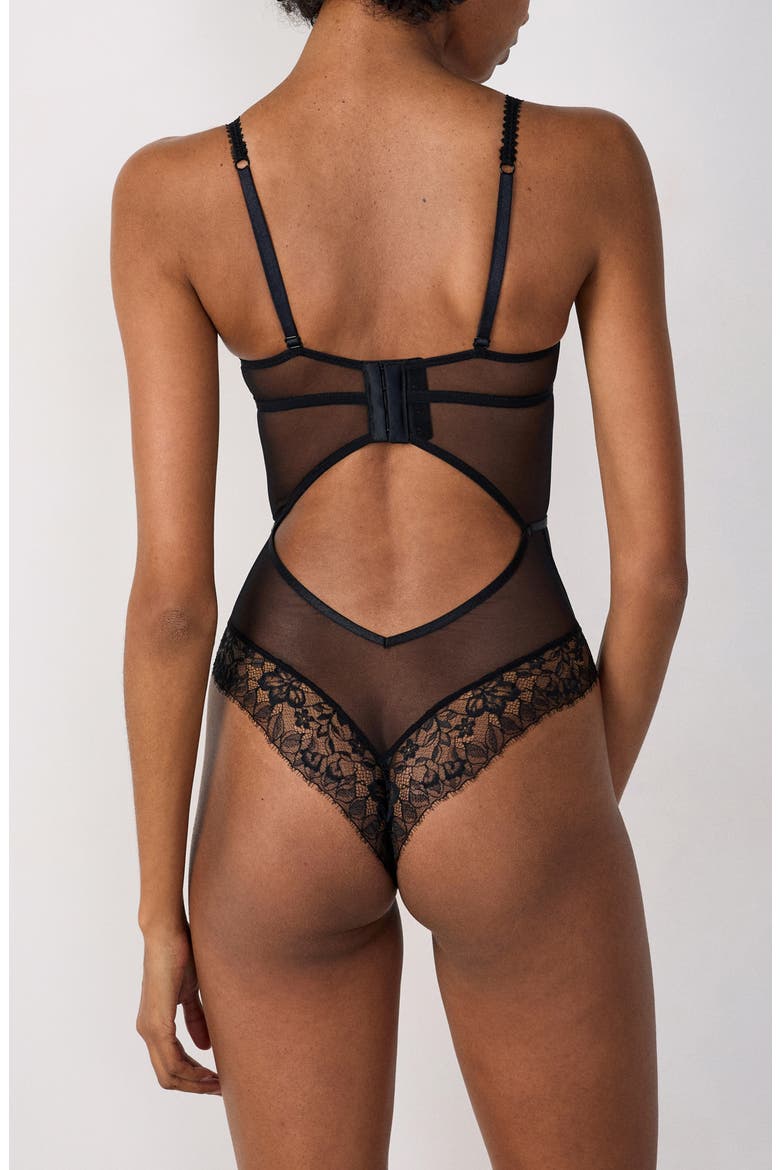 Mascarade Embroidered Underwire Bodysuit, Alternate, color, BLACK